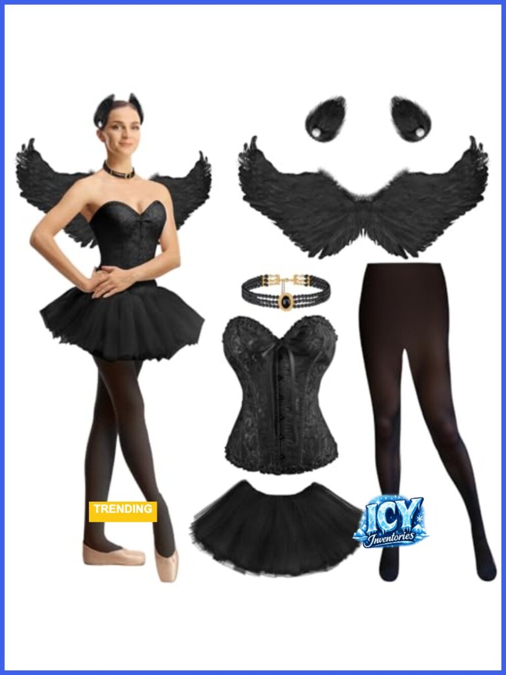 Swan Costume Set with Corset Tutu Skirt Wings for Women Halloween Cosplay